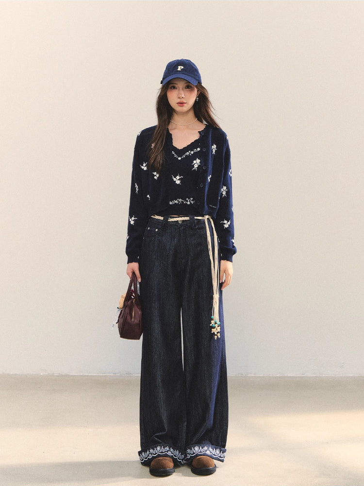 Navy Blue Floral Embroidery Knitted Cardigan