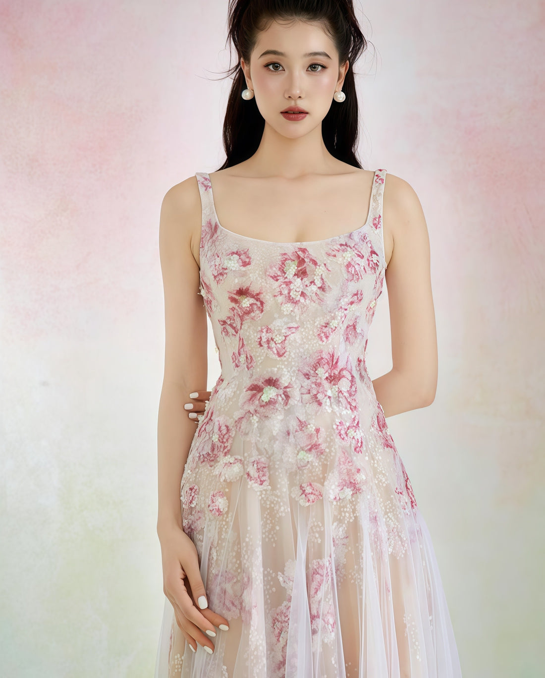 Blush Floral Embroidered Strap Tulle Midi Dress