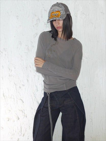 Rhinestone Frayed-Edge Knit T-Shirt