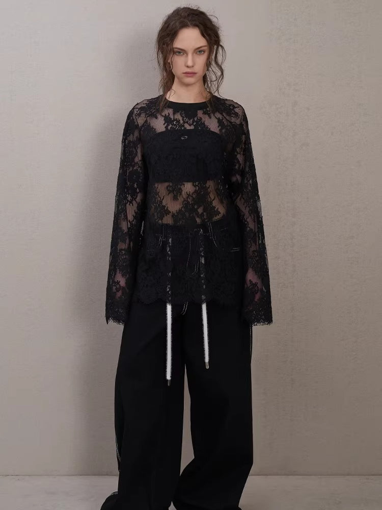 Layered Ribbed Lace-Trim Crewneck T-Shirt