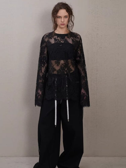 Layered Ribbed Lace-Trim Crewneck T-Shirt