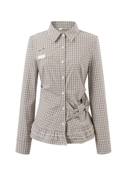 Retro Checkered Bow-Trimmed Shirt