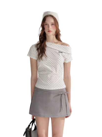 Asymmetric Off-Shoulder Polka Dot Lace Trim Fitted T-Shirt
