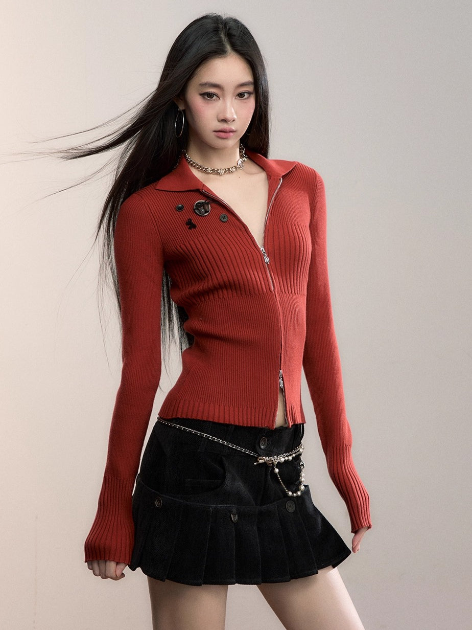 Button-Detail Zip-Up Knit Cardigan