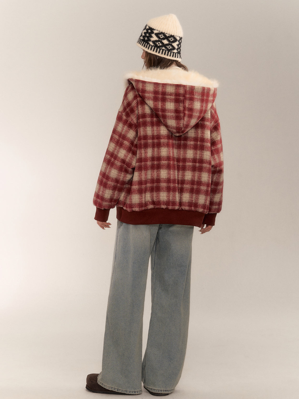 Reversible Plaid Faux Fur Coat