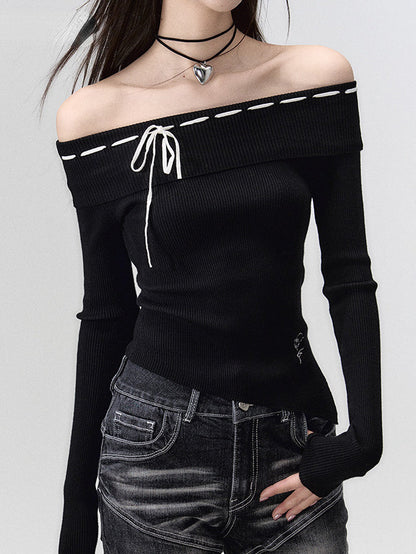 Black &amp; Brown Off-shoulder Knitted Long Sleeve T-shirt