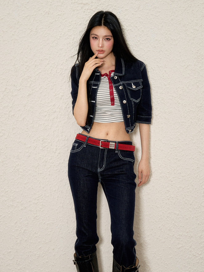 Color-Contrast Denim Jacket &amp; Pants Set