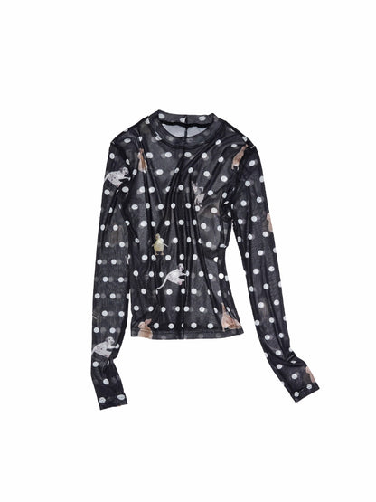 Polka Dot Pet Print Mock Neck T-Shirt