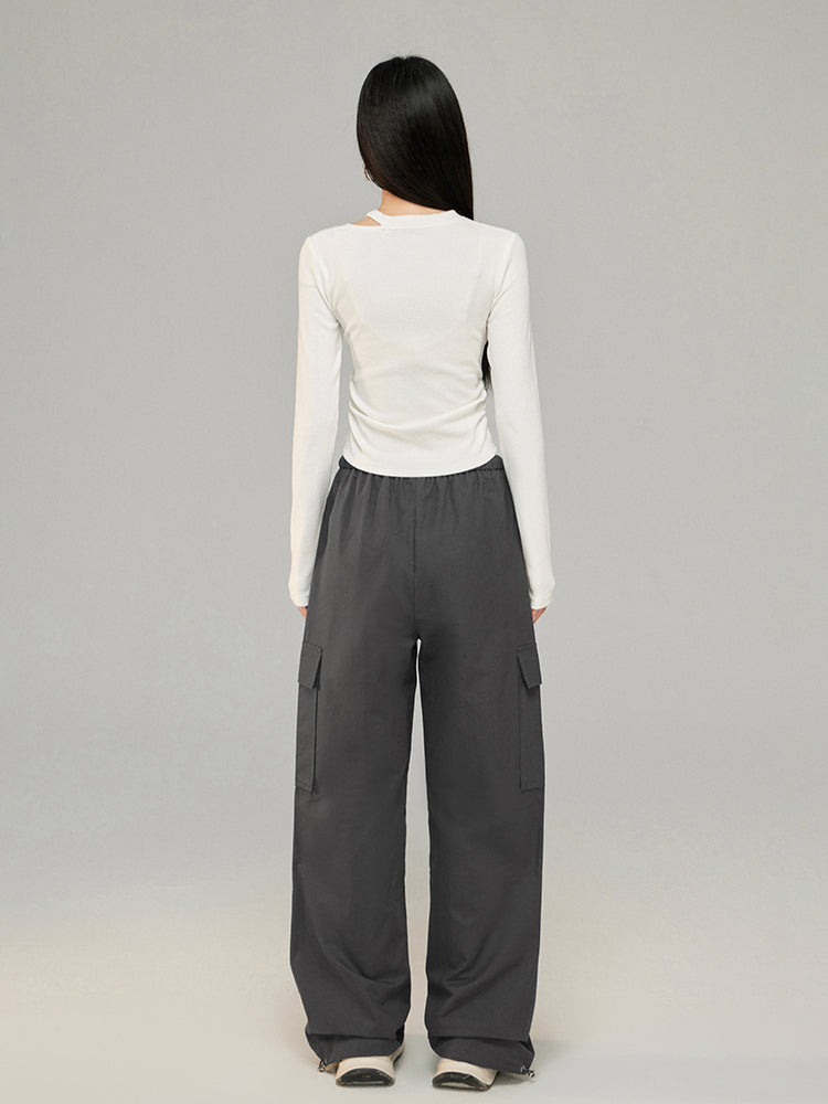 Drawstring Pleated Workwear Wide-Leg Pants