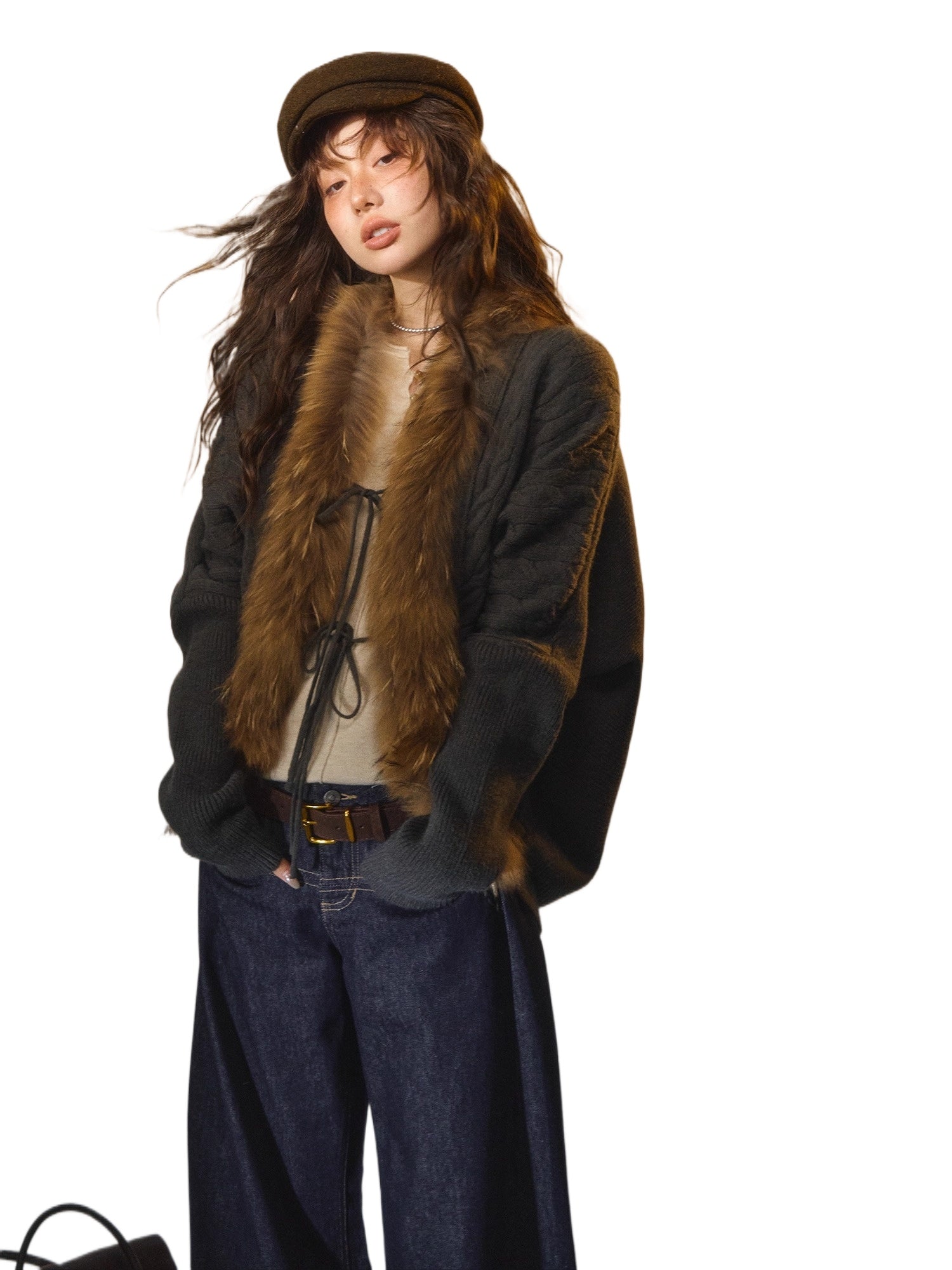 Tie-Detail Batwing Faux Fur Collar Sweater