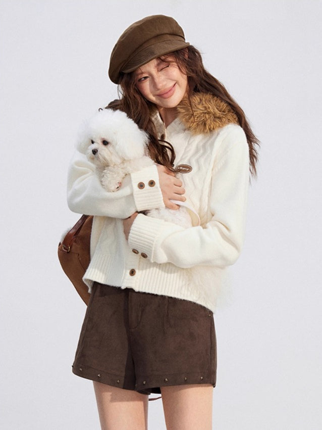 Detachable-Fur Cable-Knit Hoodie