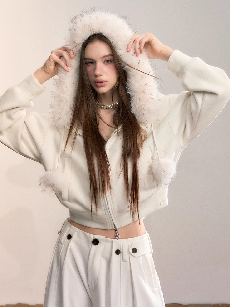 Faux Fur Collar Wool-Blend Fleece Jacket