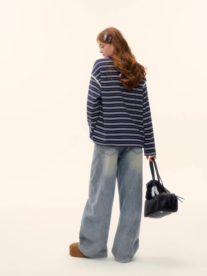 Vintage Washed Curved-Leg Denim Pants