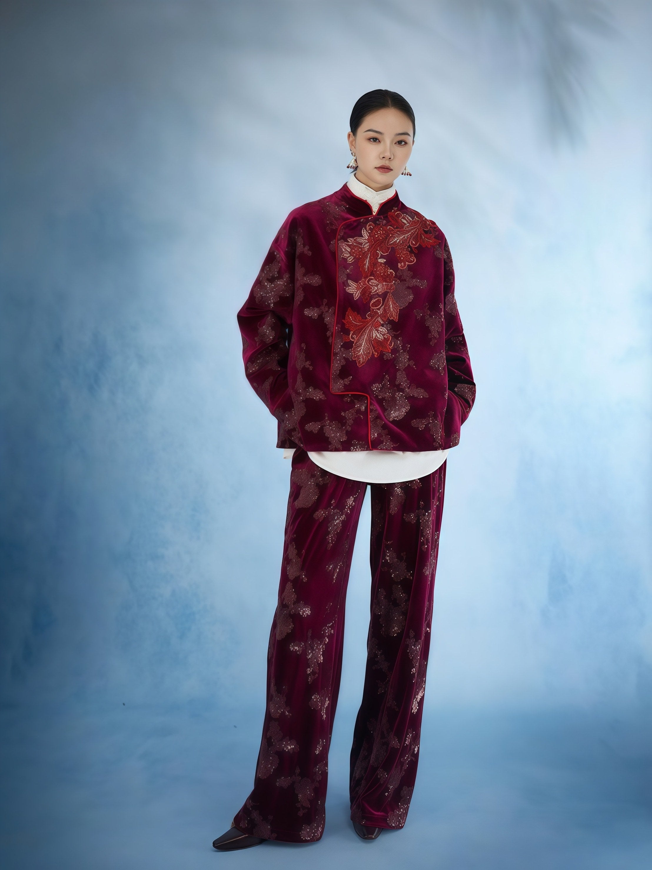Crimson Bloom Embroidered Velvet Tailored Set