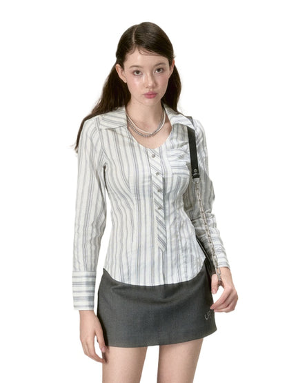 White Checkered Patchwork U-neck Shirt