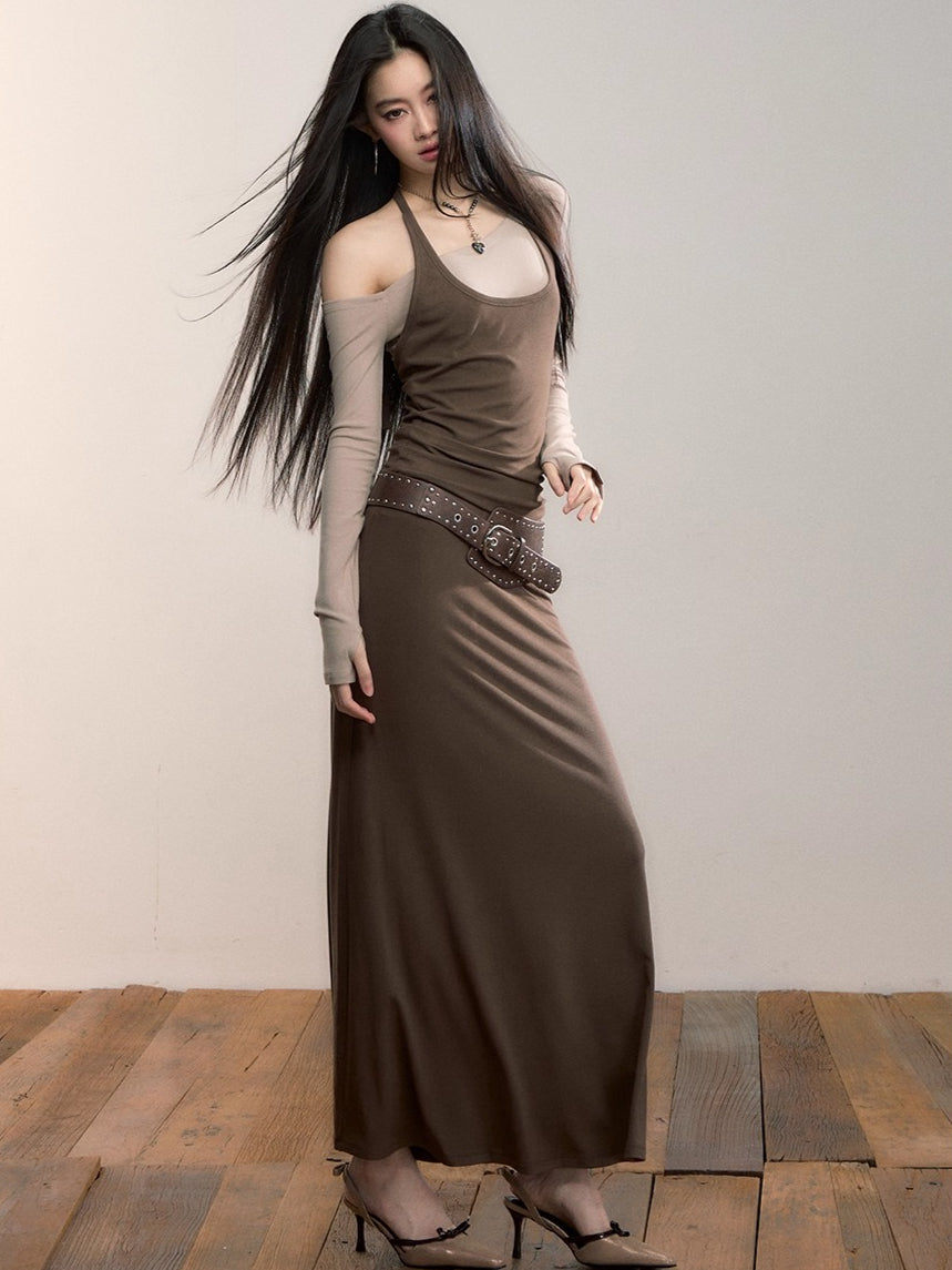 Contrast-Panel Off-Shoulder Layered Maxi Dress