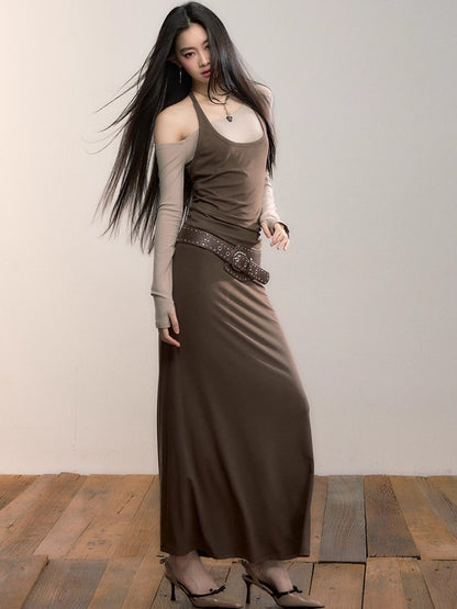 Contrast-Panel Off-Shoulder Layered Maxi Dress