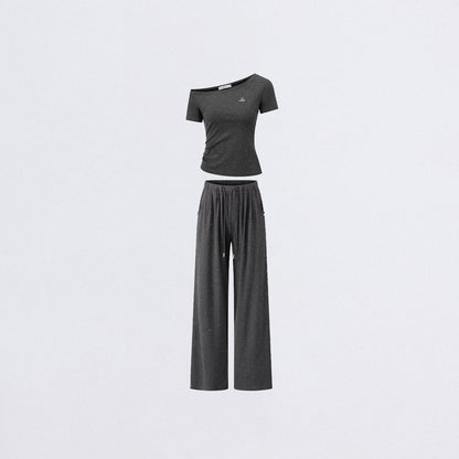 Off-Shoulder Draped Top Wide-Leg Pants Two-Piece Set