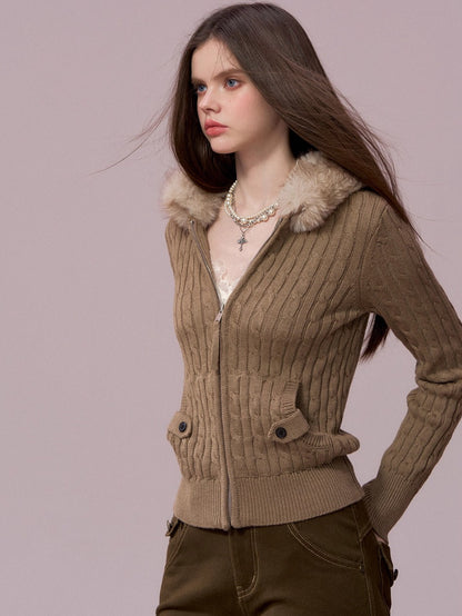 Faux-Fur Collar Cable-Knit Cardigan