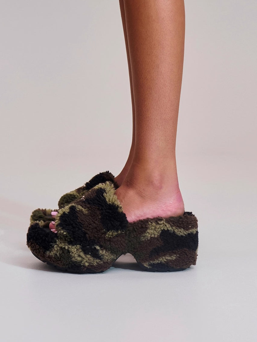 Cross Relic Shearling Heel Mules