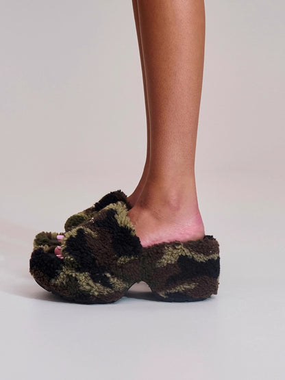 Cross Relic Shearling Heel Mules