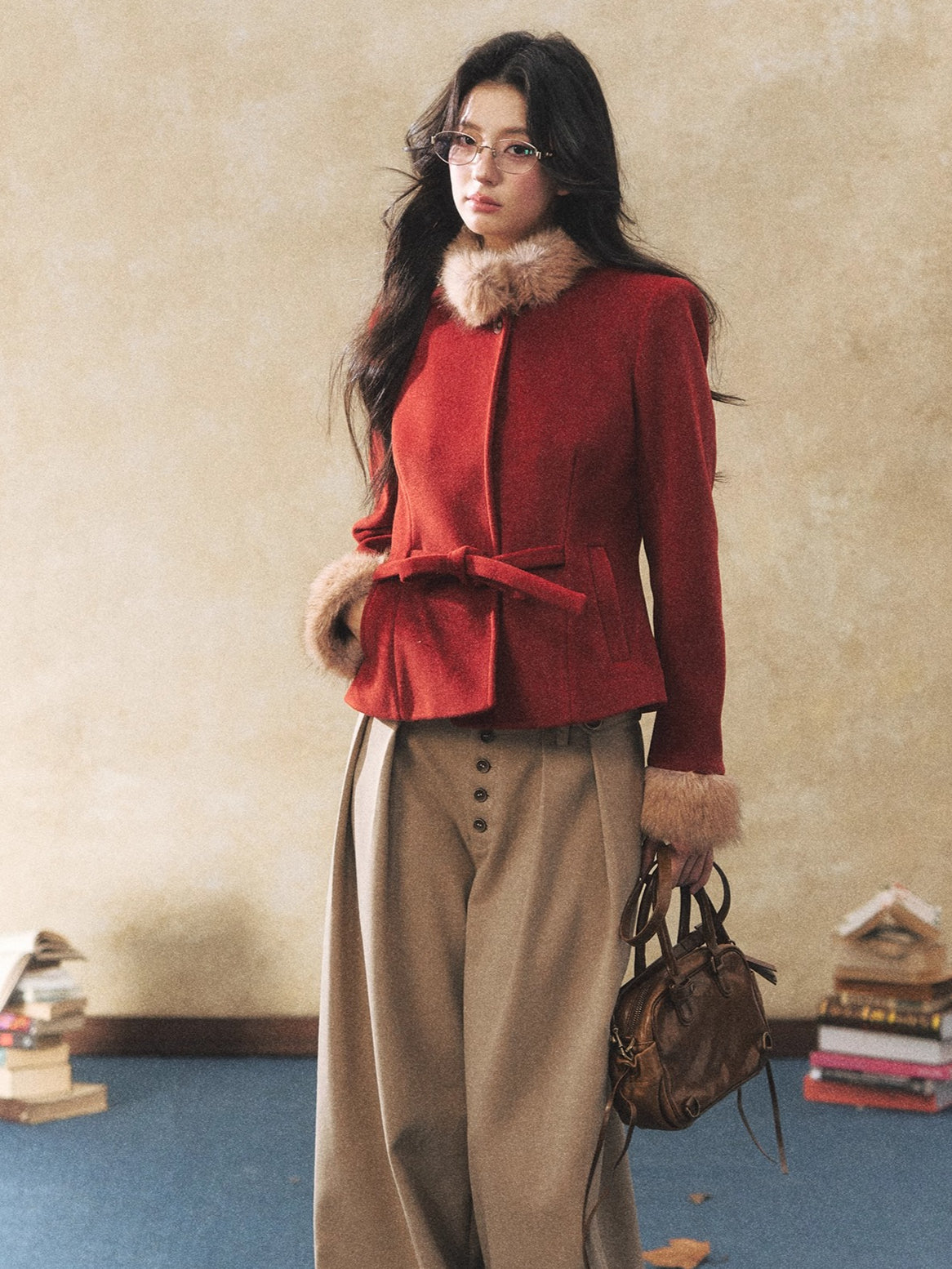 Two-Tone Tie-Detail Wool-Blend Jacket