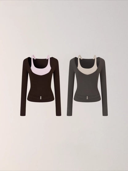 Belted Contrast Panel Knit Layered T-Shirt