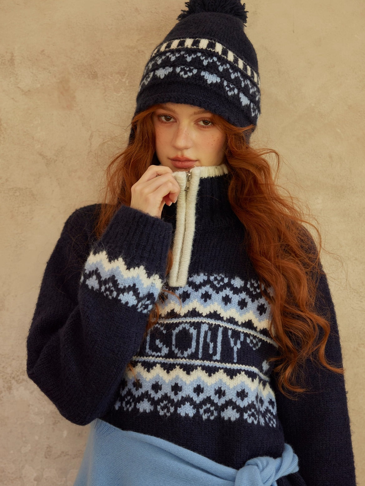Fair Isle Heart Zip-Up Matching Hat Knit Sweater