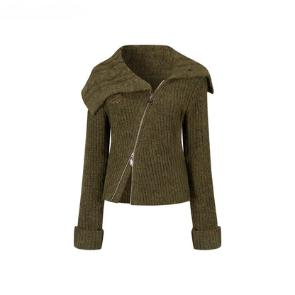 Oversized Lapel Asymmetrical Zip Knit Cardigan