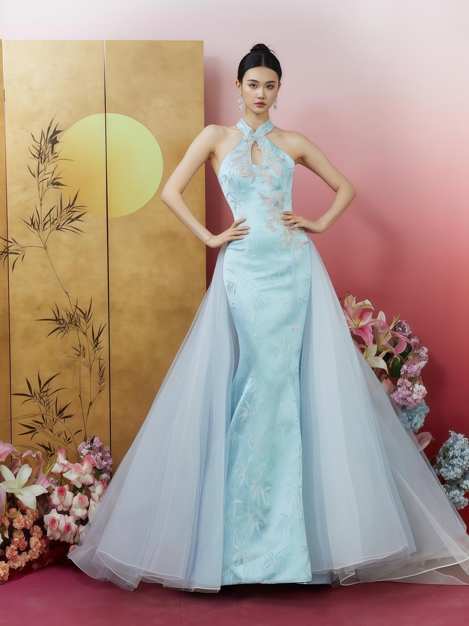 Aqua Jade Embroidered Halterneck Mermaid Gown with Tiered Tulle Shawl