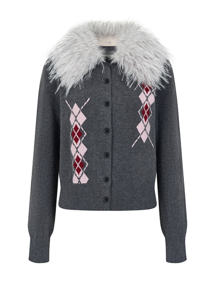 Detachable Fur Collar Quilted Knit Cardigan