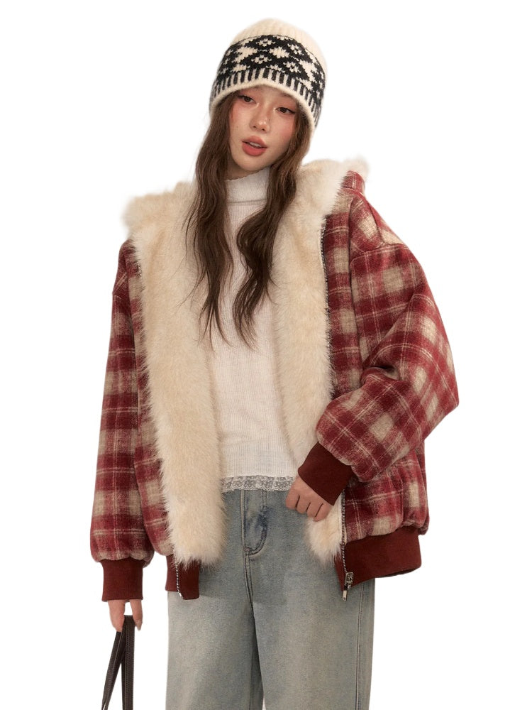 Reversible Plaid Faux Fur Coat