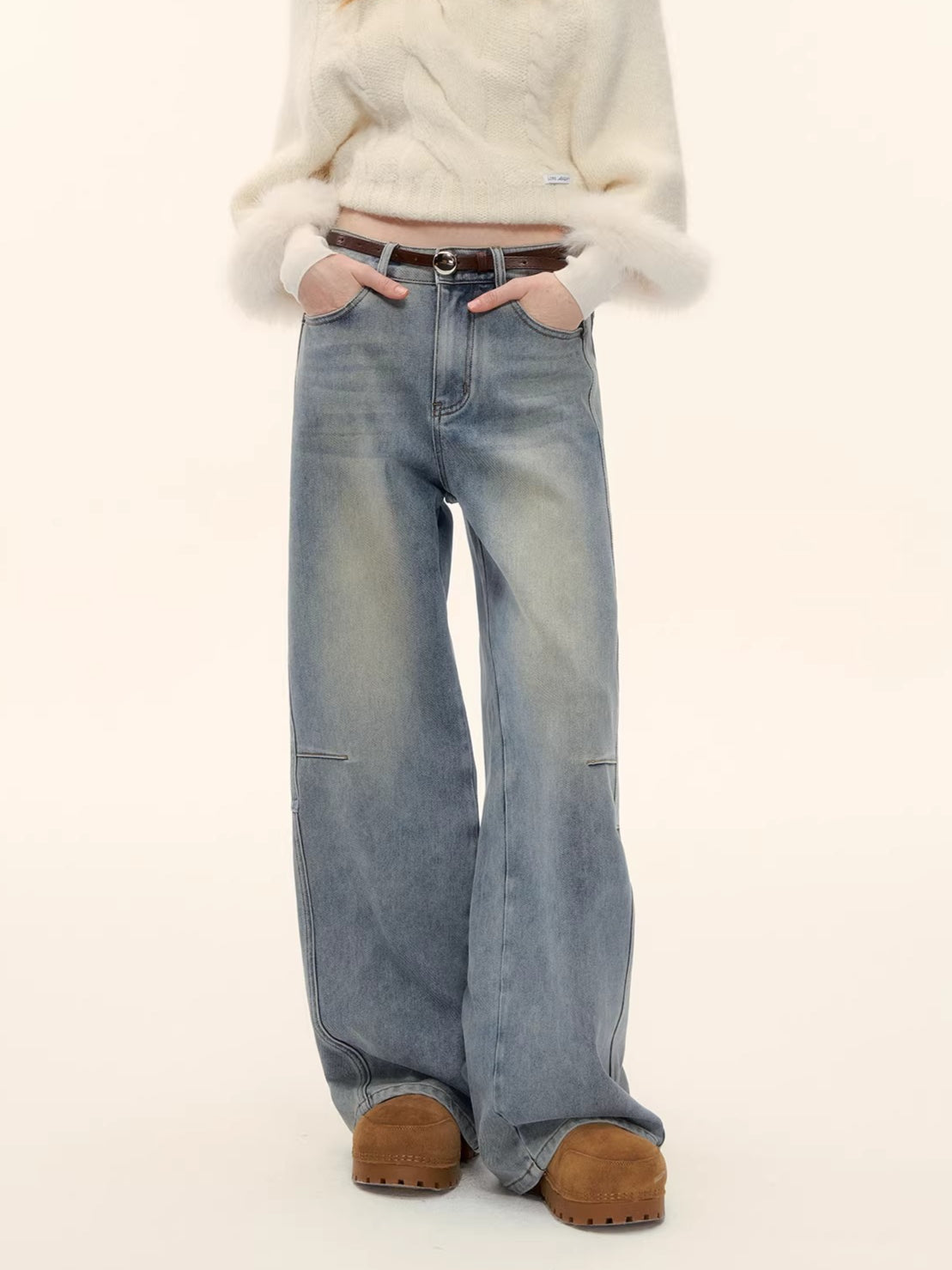 Vintage Washed Curved-Leg Denim Pants