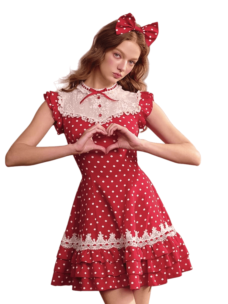 Red Sweet Collegiate Polka Dot Lace Dress Long Style / S