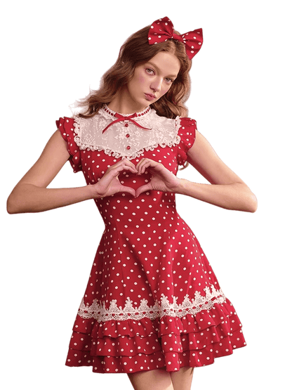Red Sweet Collegiate Polka Dot Lace Dress