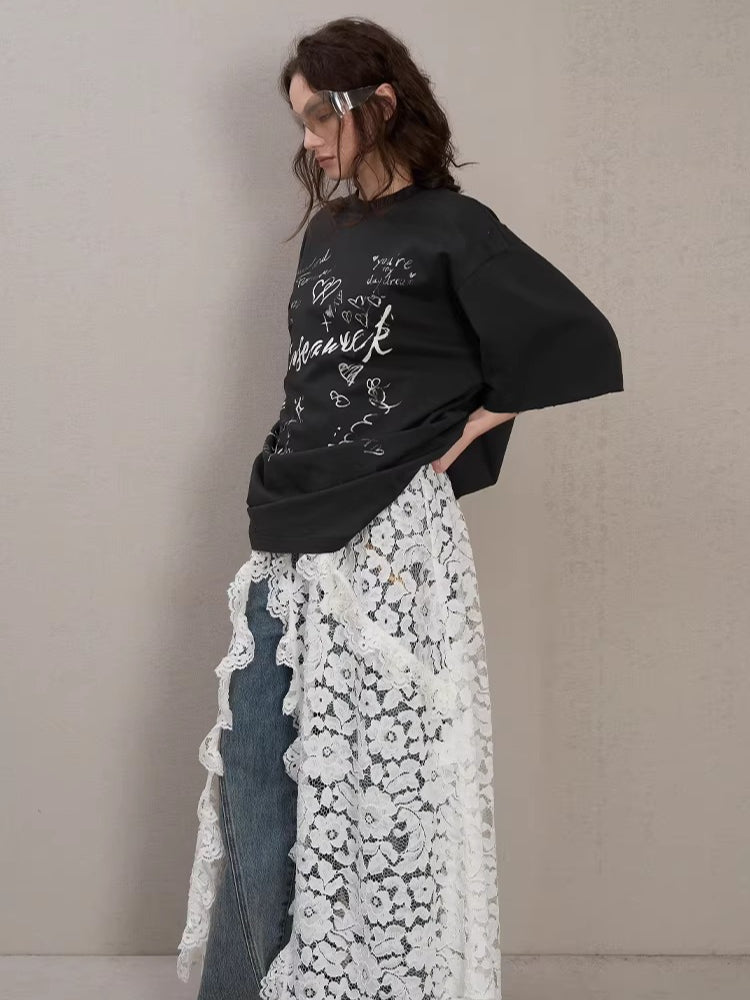 Letter Print Distressed Oversized T-Shirt