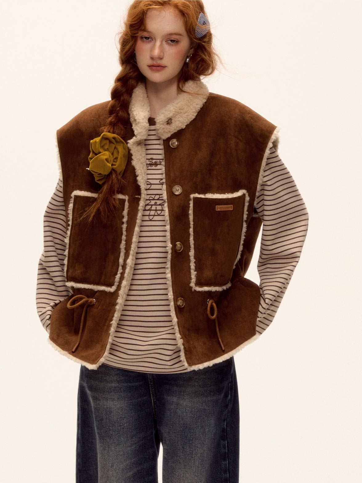 Reversible Faux Shearling Suede Drawstring Vest