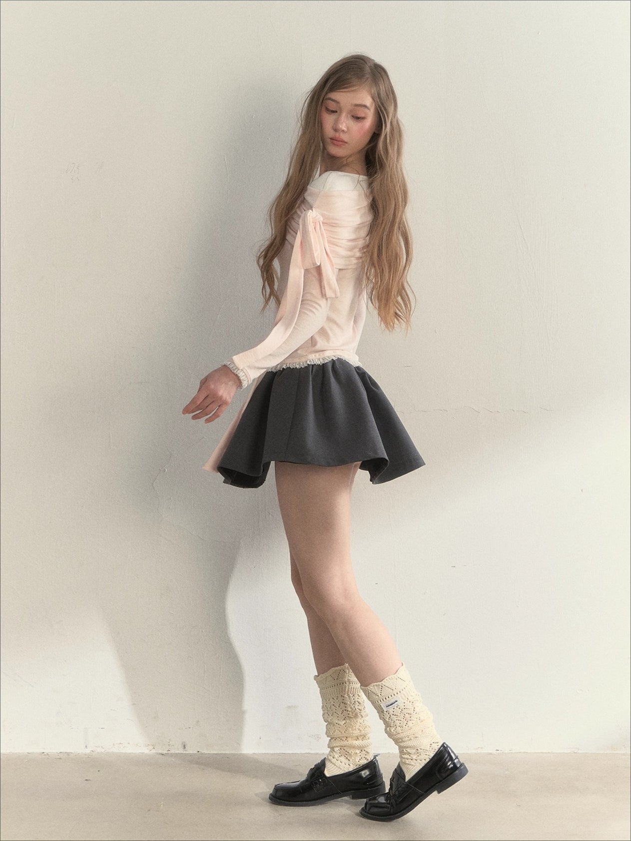 Asymmetric Off-Shoulder Bow-Tie Knit T-Shirt