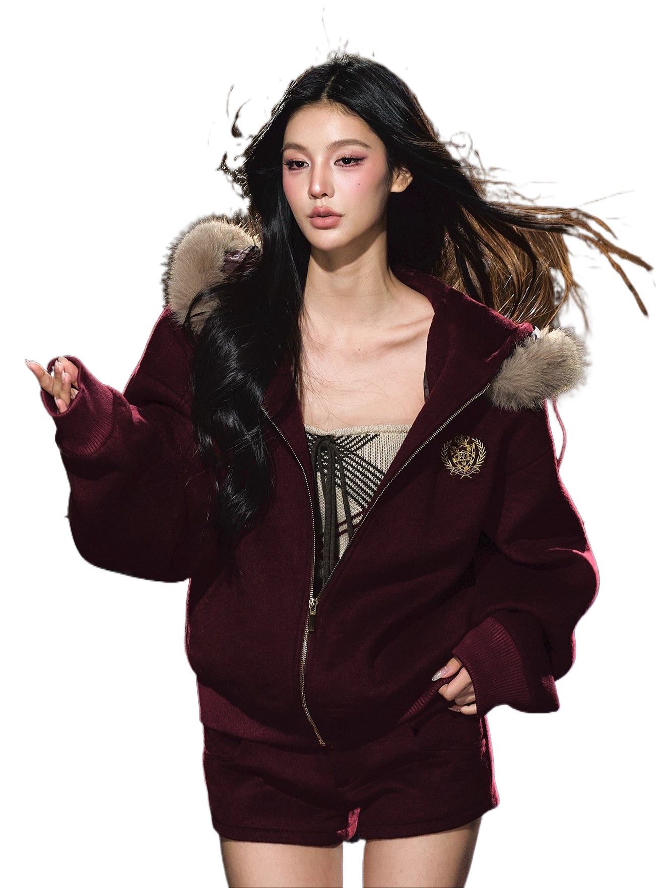 Wool-Blend Faux Fur Hooded Fleece Two-Piece Set