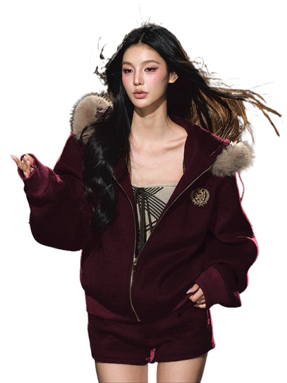 Wool-Blend Faux Fur Hooded Fleece Two-Piece Set
