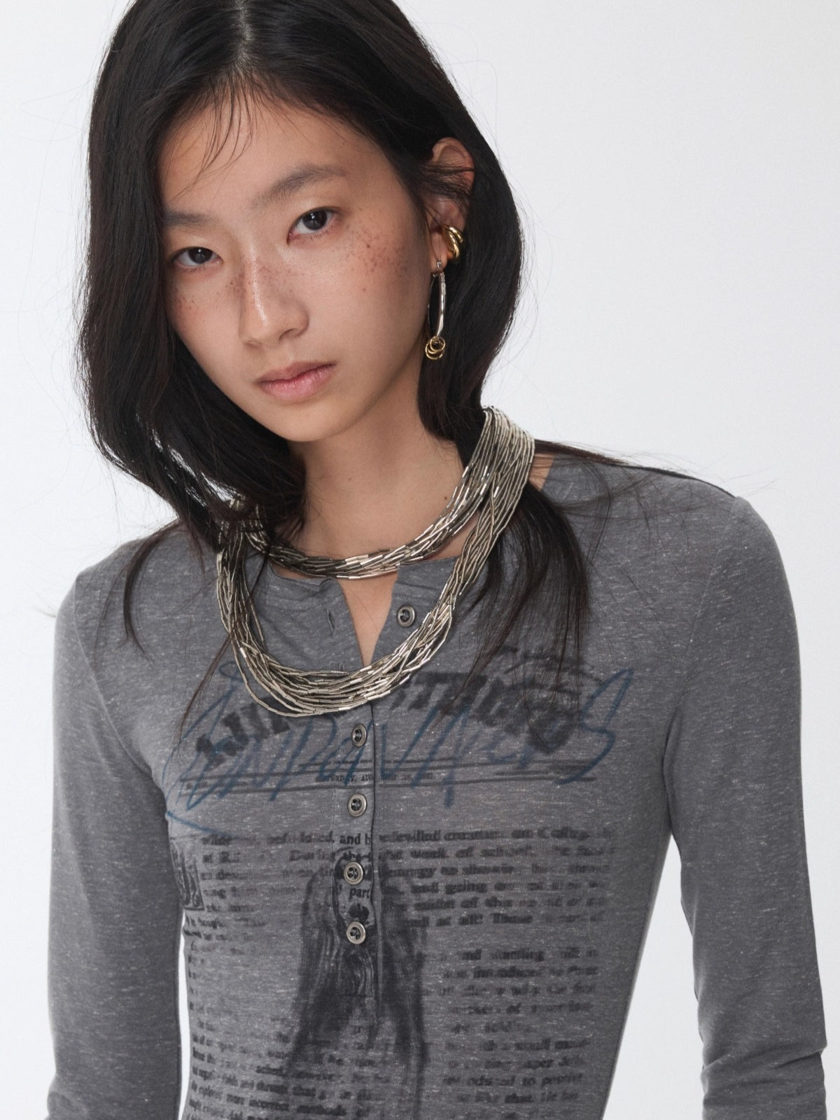 Henley Animal-Print Knitted Long Sleeves T-Shirt
