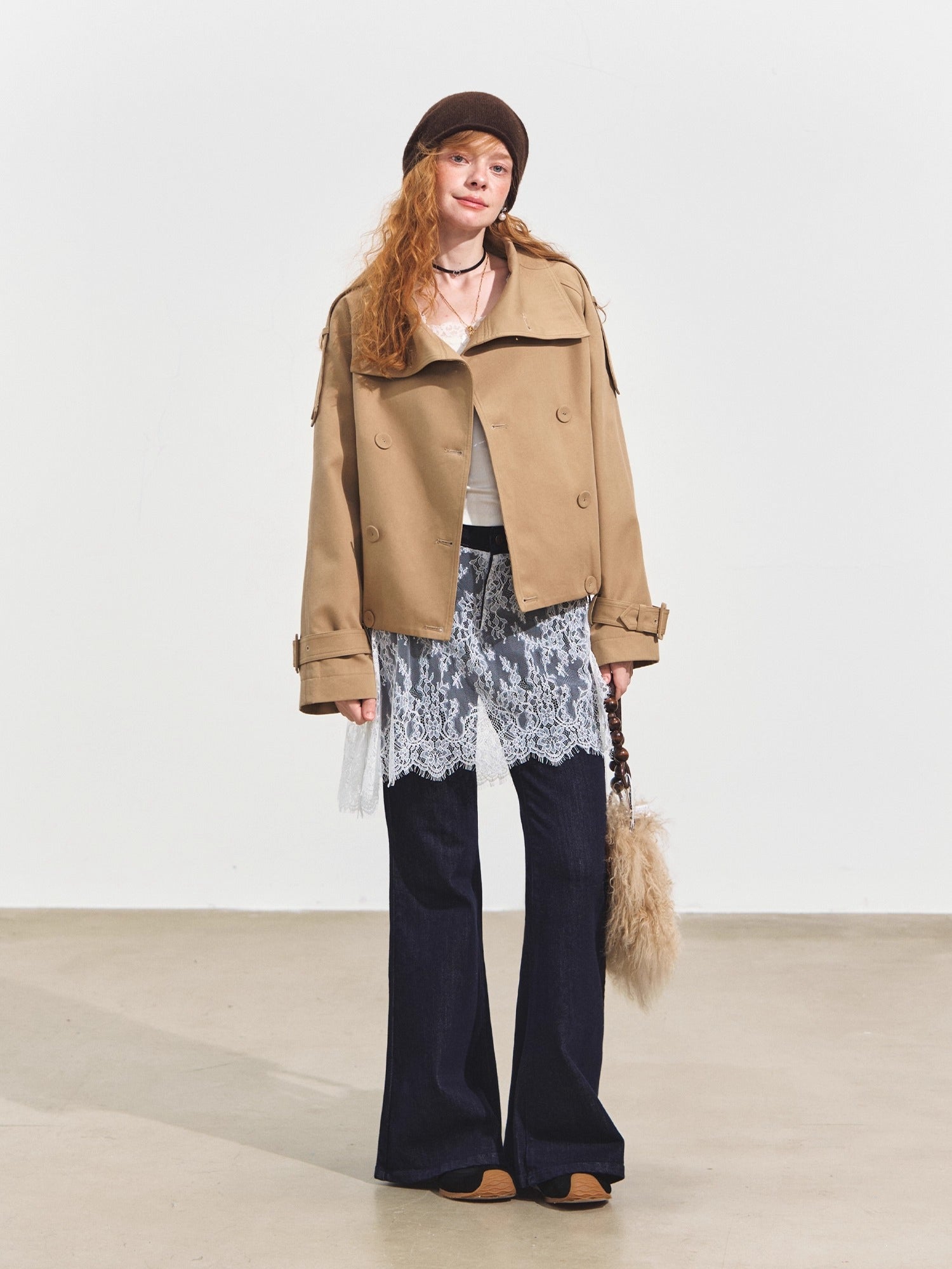 Stand Collar Double-Breasted Cropped Trench Coat