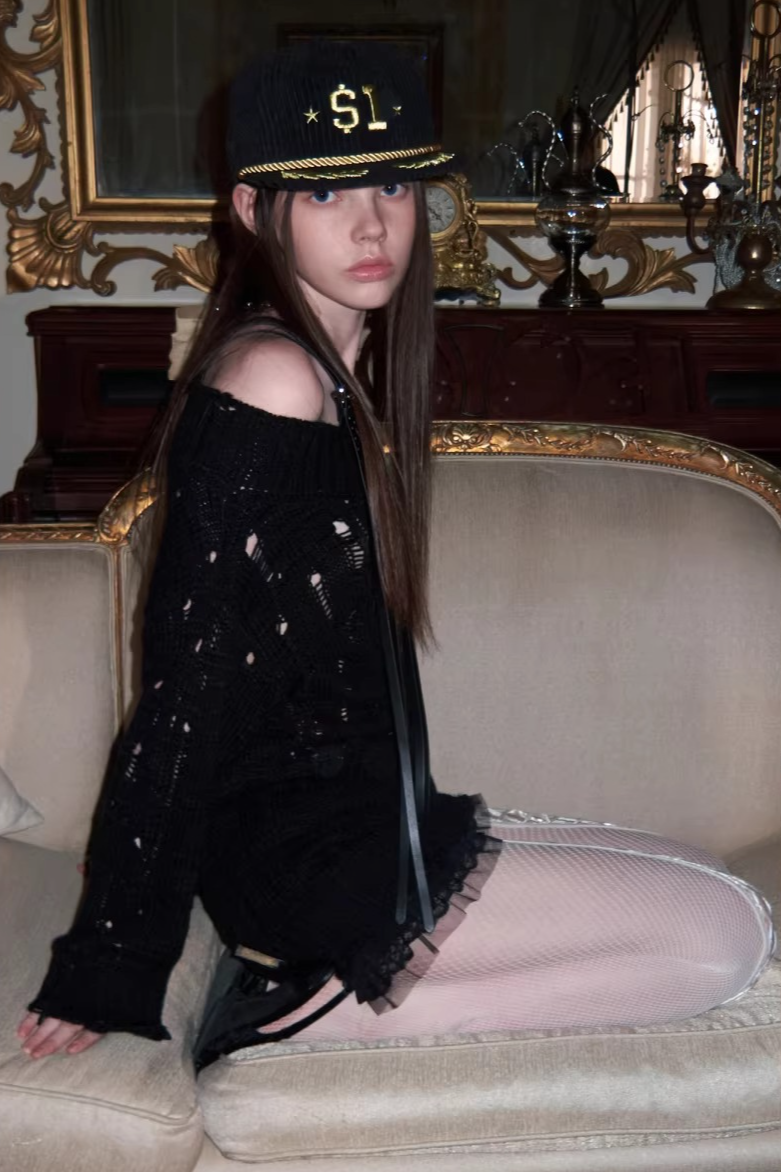 Off-Shoulder Belt Distressed Cable Knit Sweater