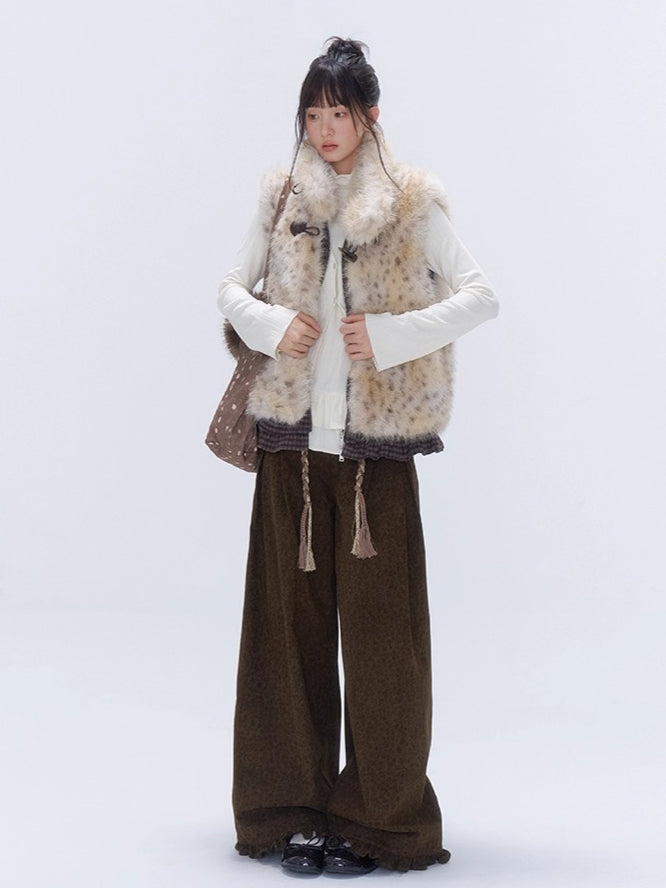 Faux Fur Leopard-Panel Lace-Trim Vest