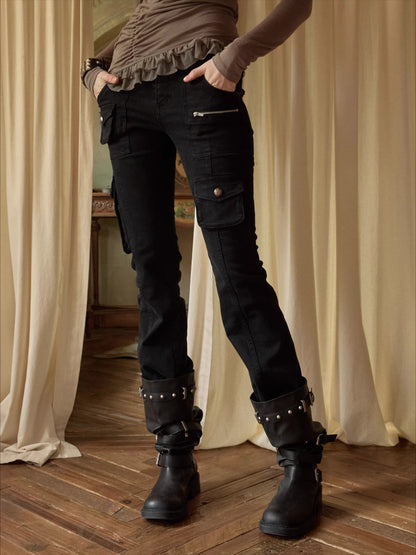 Washed Utility Low-Rise Flared Pants