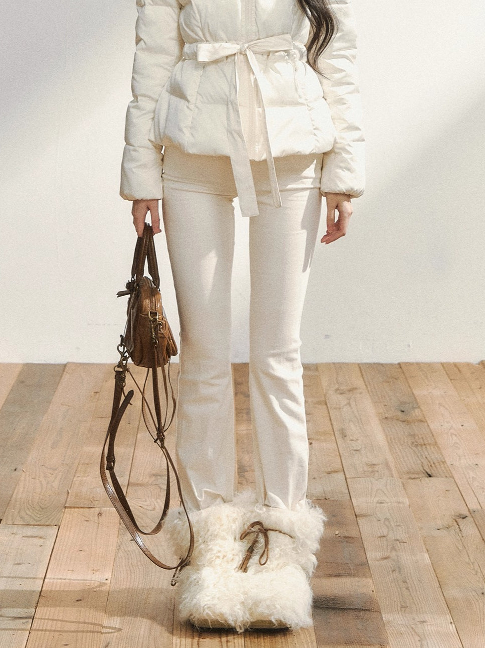 White High-Waist Flared Draped Pants