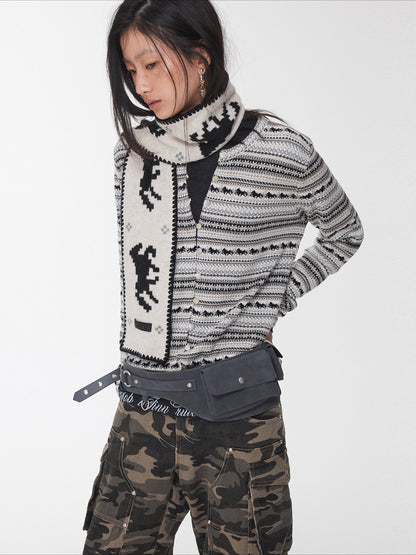 Fair Isle Pony Jacquard Drawstring Knit Cardigan