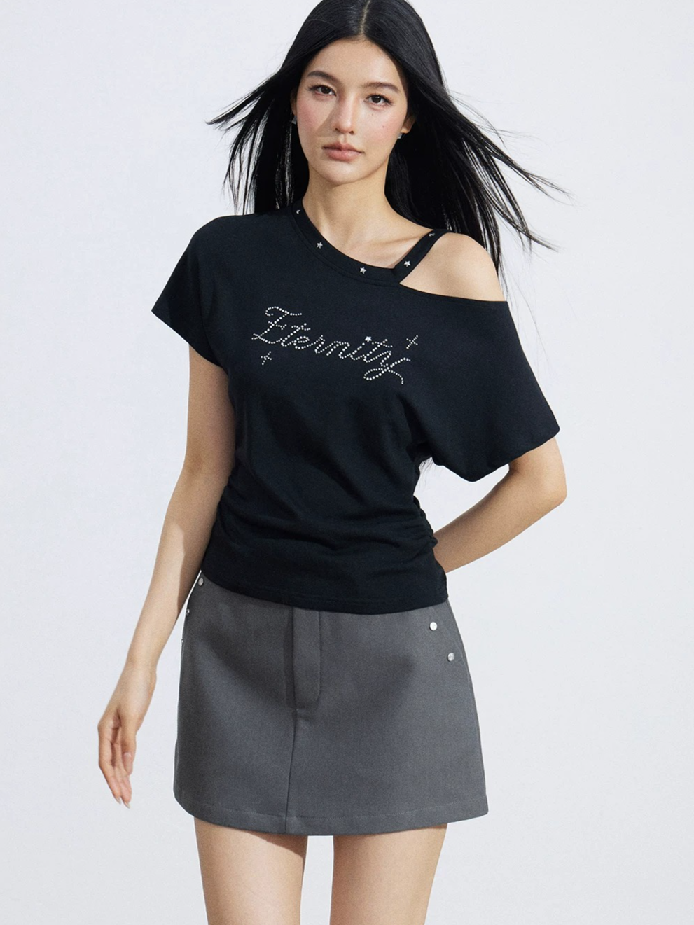 Rhinestone Off-Shoulder Slim-Fit T-Shirt