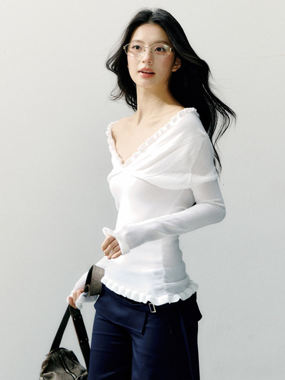 Off-Shoulder Ruffle Trim Fitted Knit Base Layer