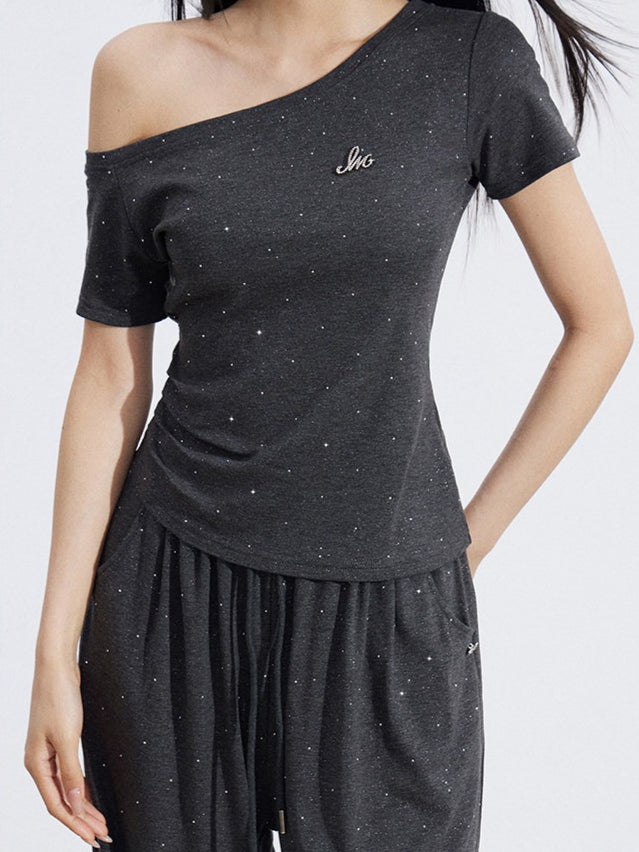 Off-Shoulder Draped Top Wide-Leg Pants Two-Piece Set